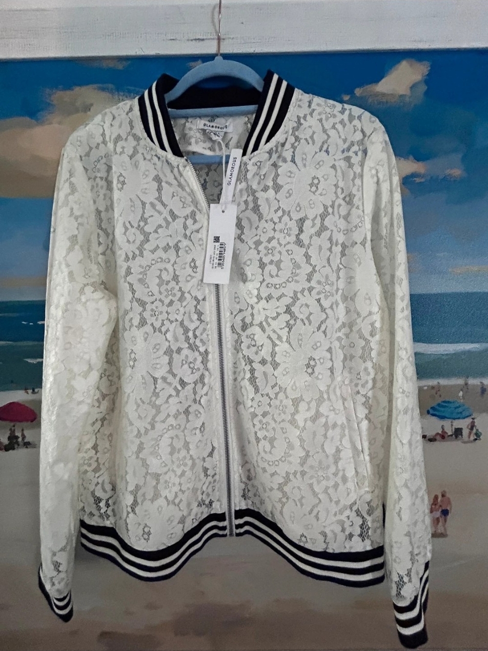 Blank NYC White Lace Bomber Jacket with Black-Trim Ribbing. Wind BREAKER.